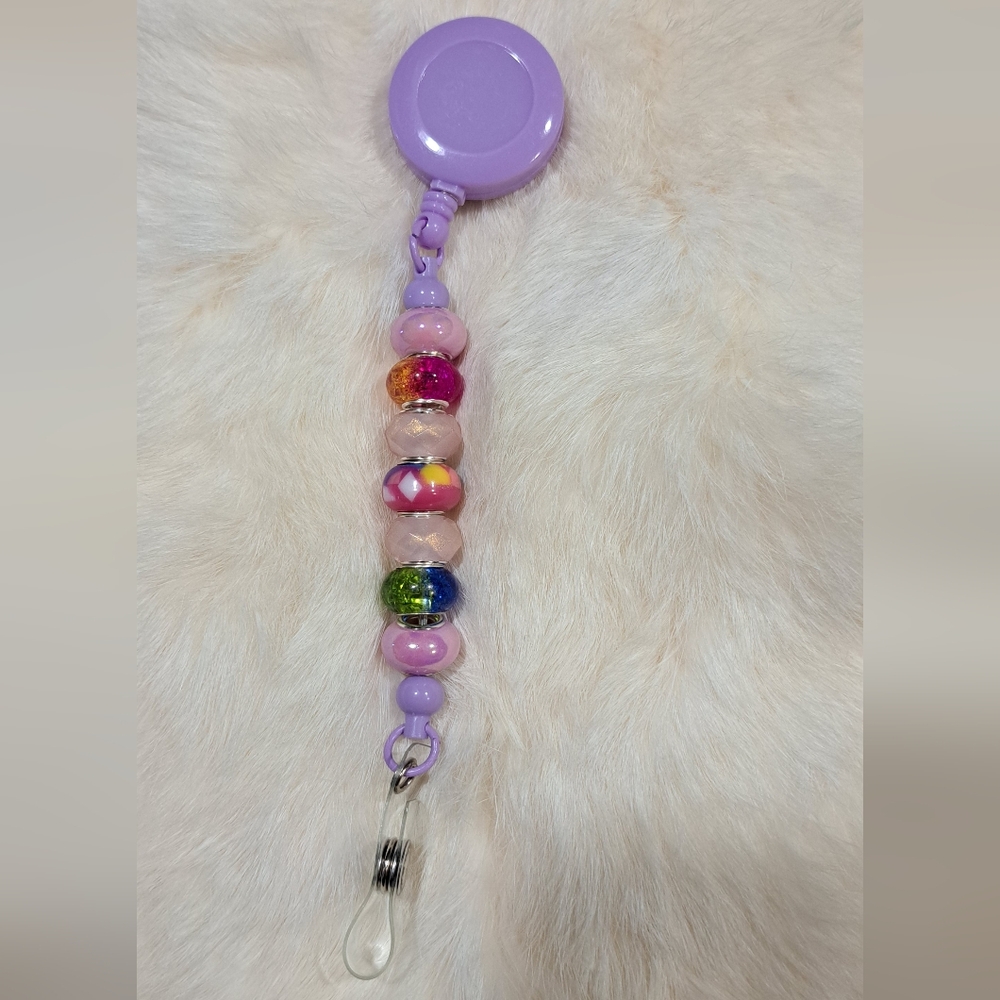 Pastel Confetti Beaded Badge Reel – Rainbow Sparkle & Lavender Love
